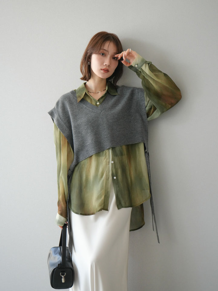 [予約]サイドリボンVネックショートニットベスト/チャコール