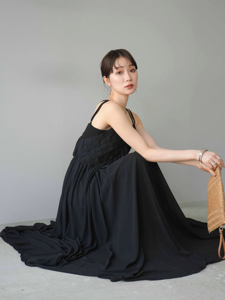[予約]編み込みデザインシフォンワンピース/ブラック