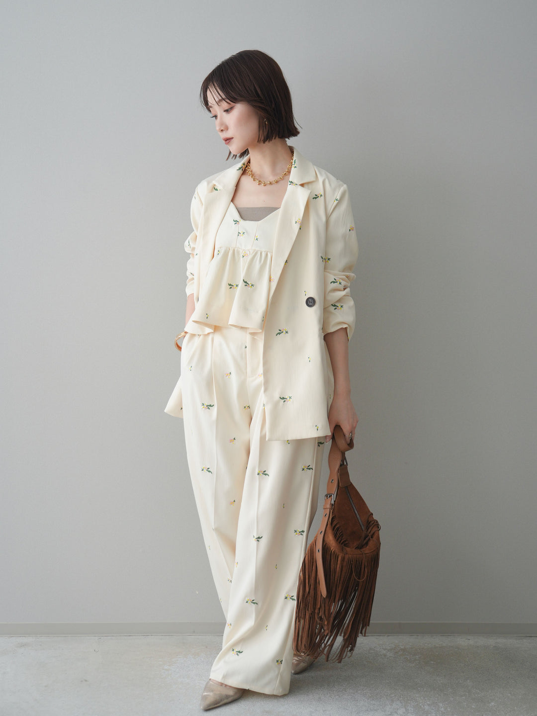 [予約]フラワー刺繍タックパンツ/ivory
