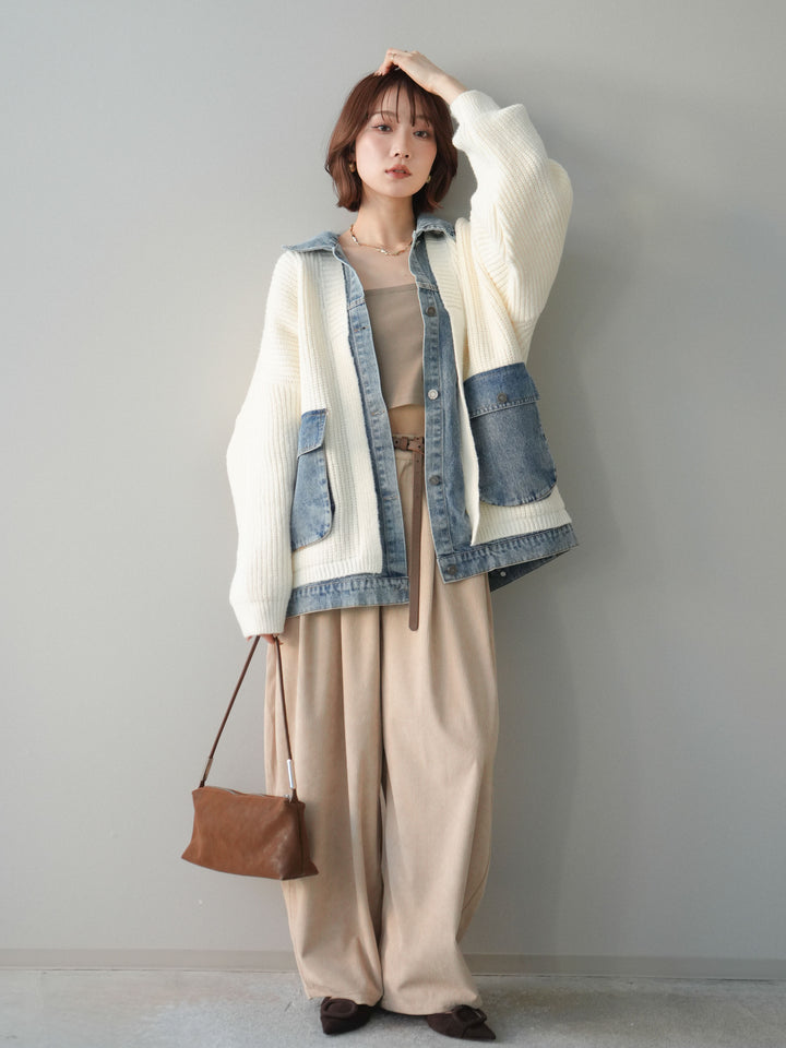 [SET]デニムドッキングオーバーニットジャケット+コーデュロイサイドタックコクーンパンツ(2set)