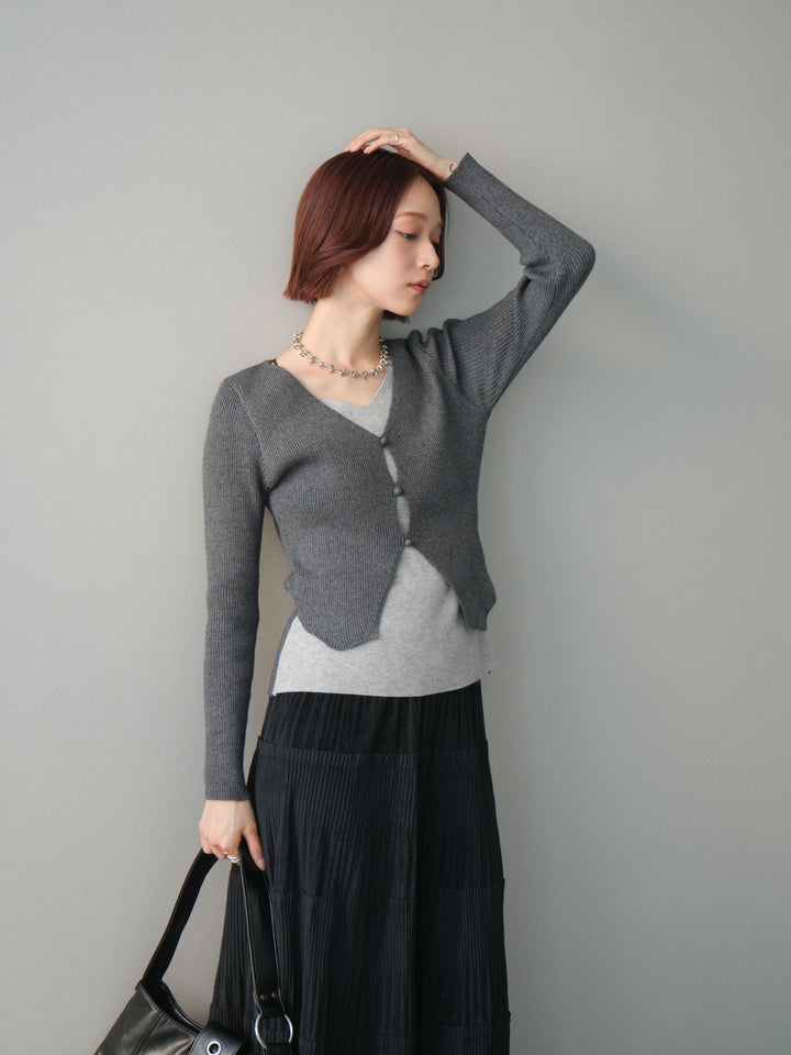 [SET]Vネック配色レイヤードスリットニットトップス+型押しスエードティアードプリーツスカート(2set)