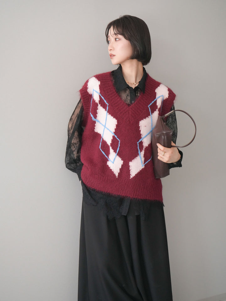 [SET]アーガイルVネックニットベスト+選べるアクセセット(2set)