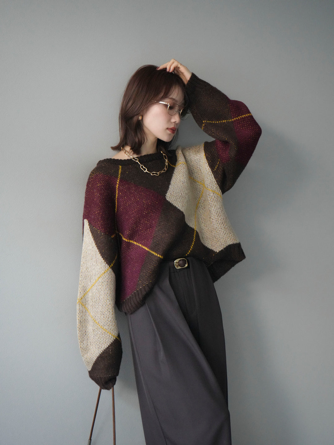 [予約]配色ステッチアーガイル柄ニットプルオーバー/brown