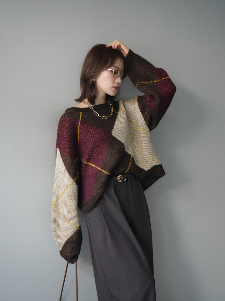 [予約]配色ステッチアーガイル柄ニットプルオーバー/brown