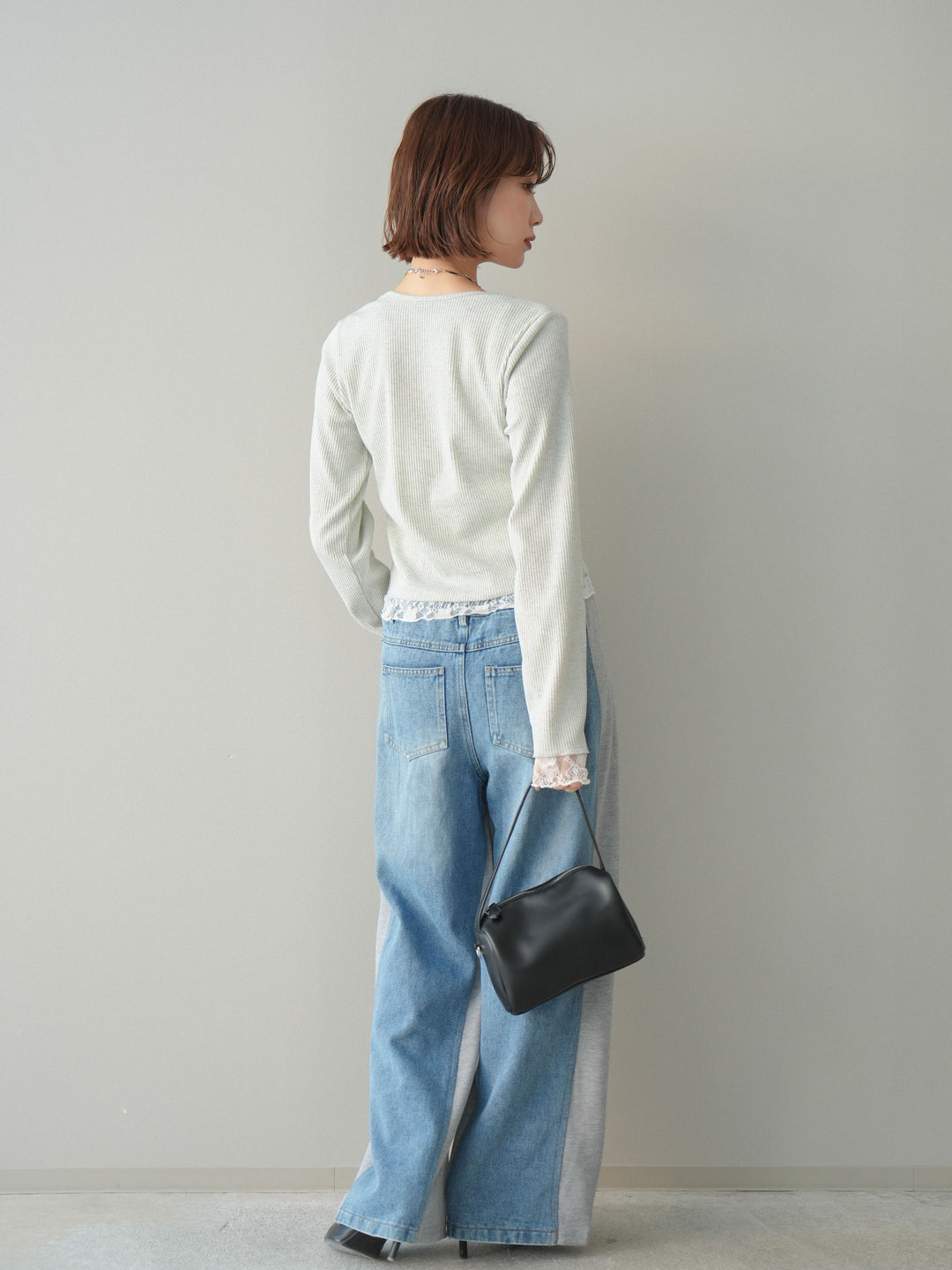 [SET]レースドッキングテレコリブカーディガン+デニム切替スウェットパンツ(2set)