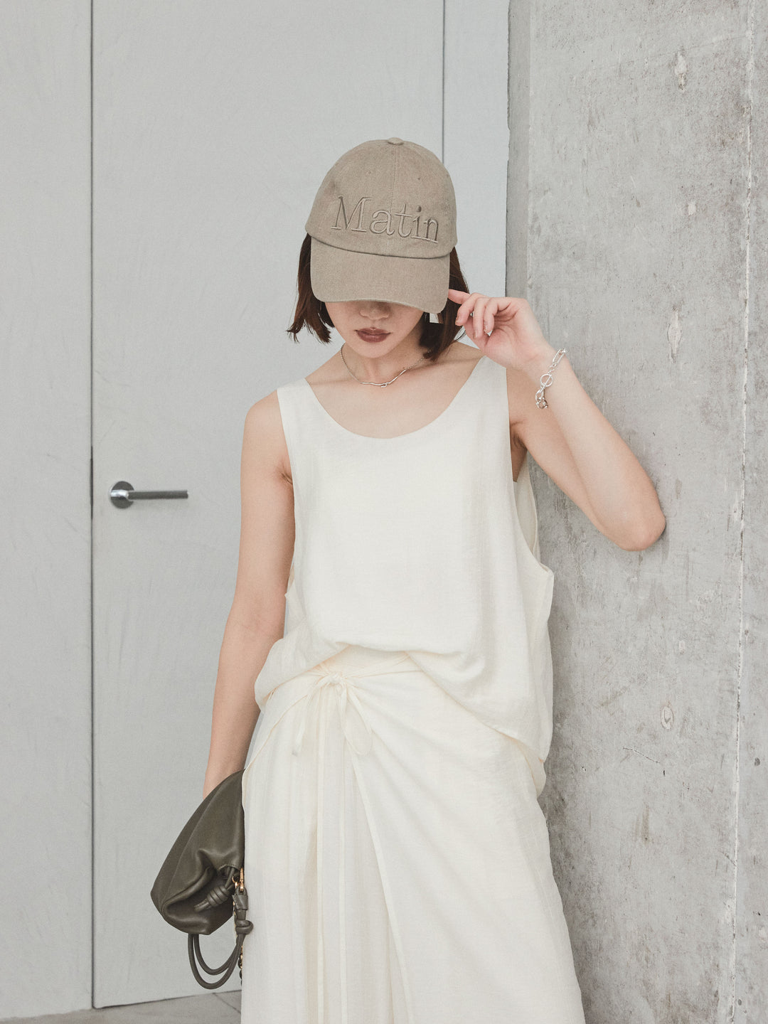 [予約]ワッシャーサテンシアーレイヤードタンクトップ/アイボリー