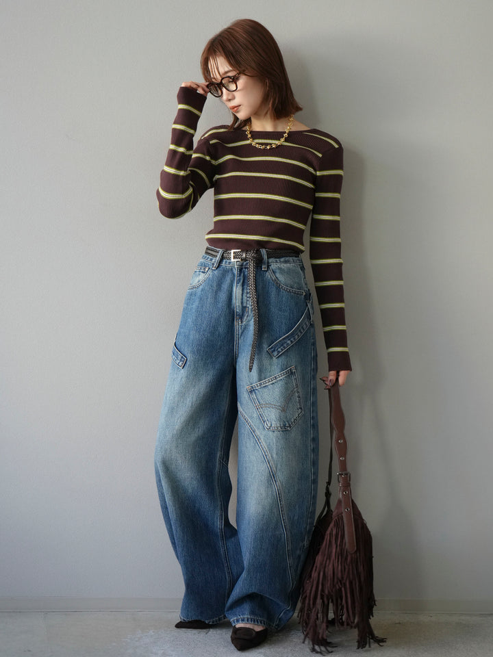 [予約]バックオープンボーダーテレコリブトップス/ブラウン