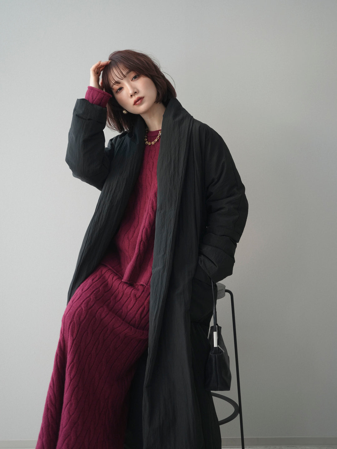 [SET]ストール付ケーブルニットプルオーバー&ロングスカートSET UP+ロングダウンコート(2set)