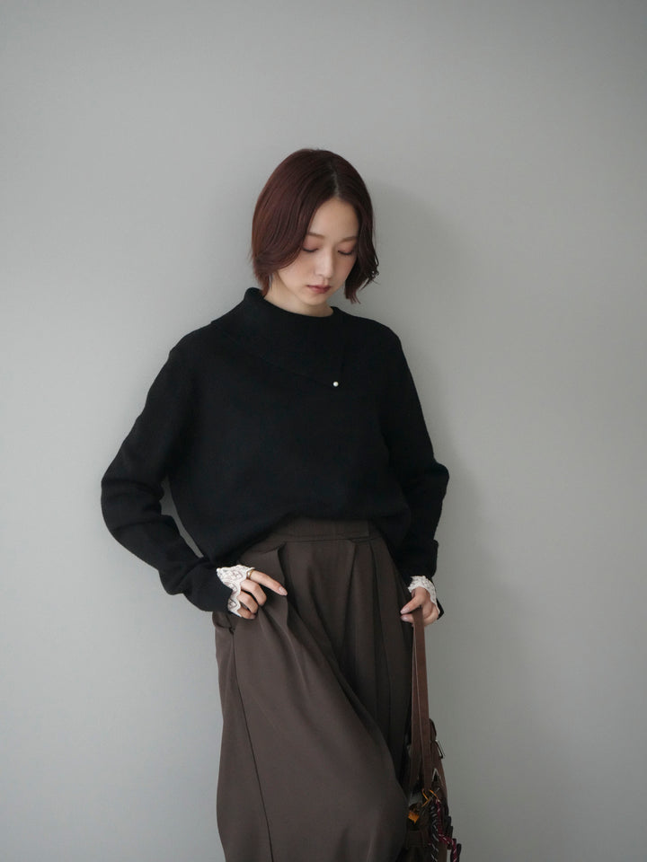 [SET]袖レースパール付き配色ニットトップス+テープベルトタックバギーパンツ(2set)