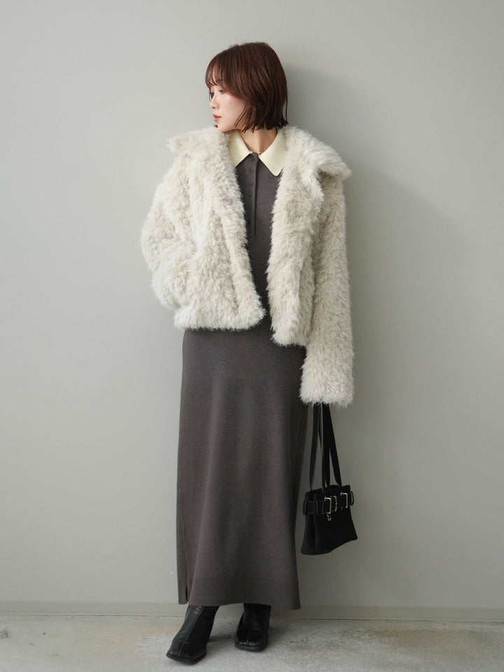 [SET]配色ポロニットワンピース+フェイクファー襟付きショートブルゾン(2set)