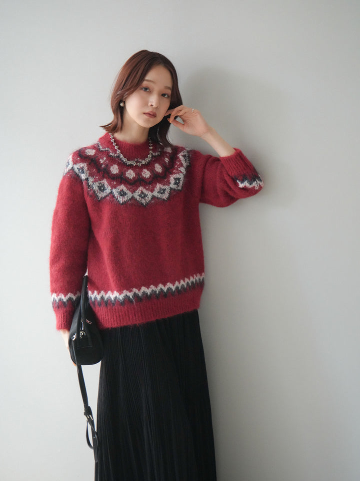 [SET]ソフトタッチ求心柄ニットプルオーバー+裾レーススウェードプリーツマキシスカート(2set)