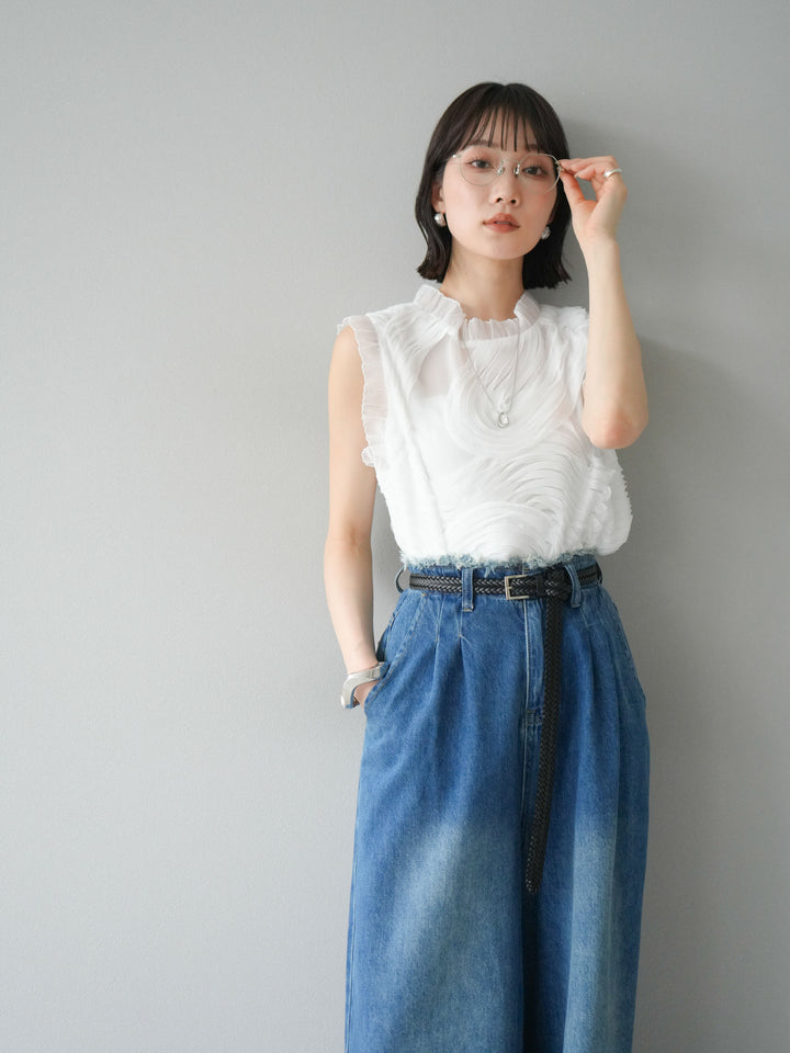 【預購】薄紗提花無袖上衣/米白