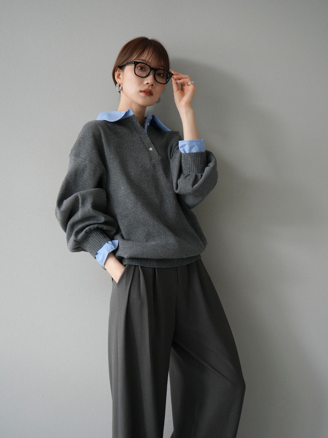 【SET】翻領polo針織套衫+雙褶闊腿褲（2件組）