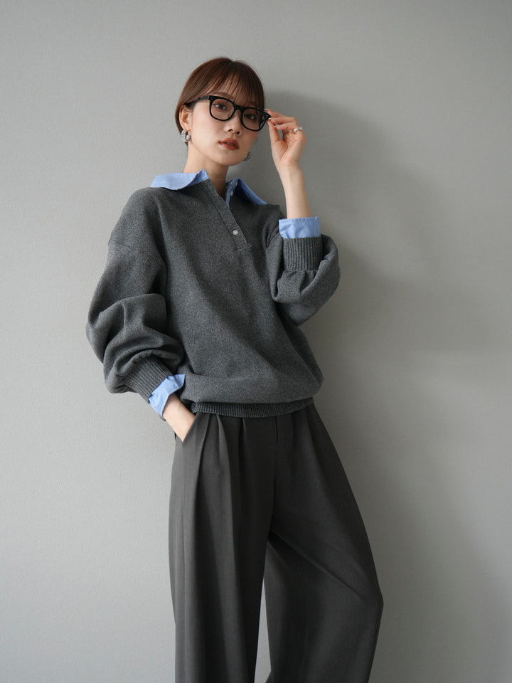 【SET】翻領polo針織套衫+雙褶闊腿褲（2件組）