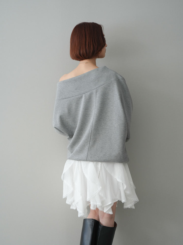 [SET]アシンメトリーオフショルポンチプルオーバー+ラッフルレースミニスカート(2set)