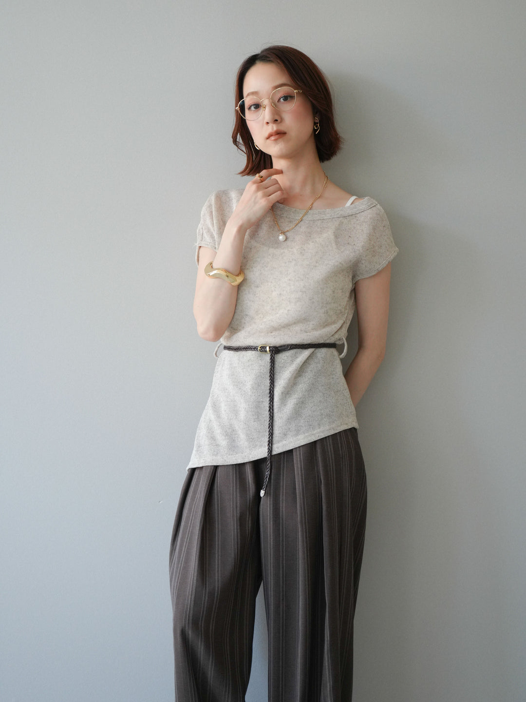 [予約]ベルト付アシメシアーニットトップス/beige