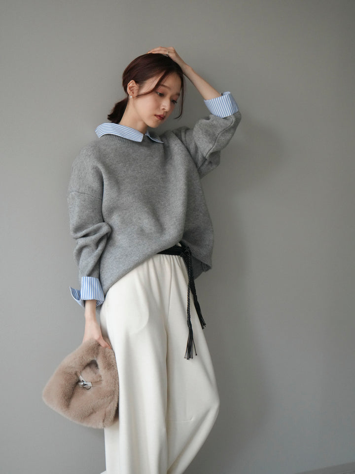 [予約]2WAYストライプ襟ニットプルオーバー/gray