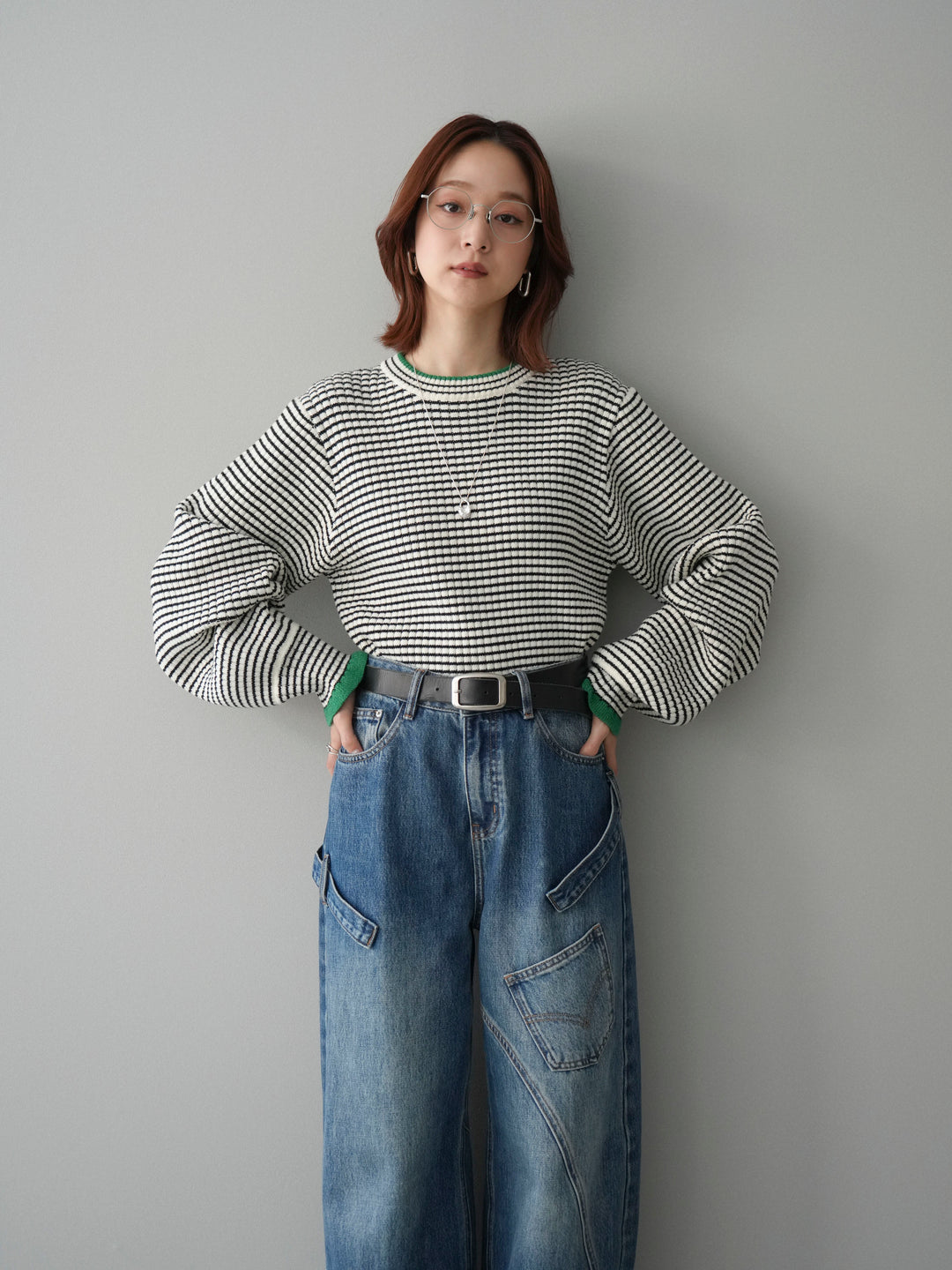 [SET]ラメ異素材ボーダーリブニットプルオーバー+ペインターカーブデニムパンツ(2set)