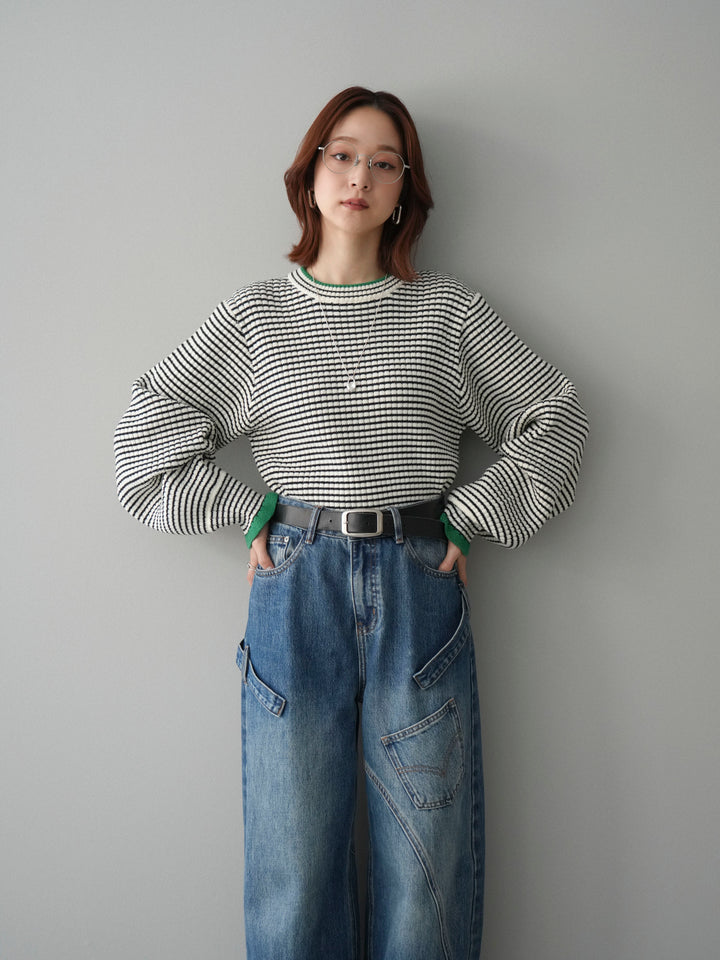 [SET]ラメ異素材ボーダーリブニットプルオーバー+ペインターカーブデニムパンツ(2set)