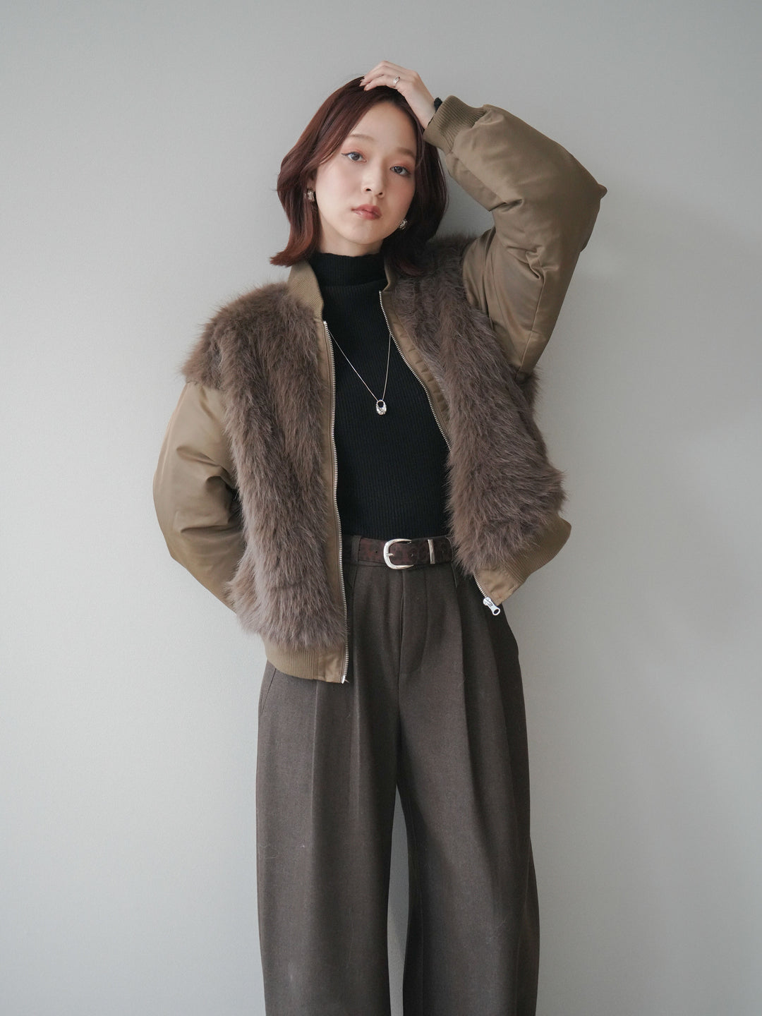 [SET]ファードッキングMA-1+アニマル柄ベルト付きウールタッチワイドパンツ(2set)