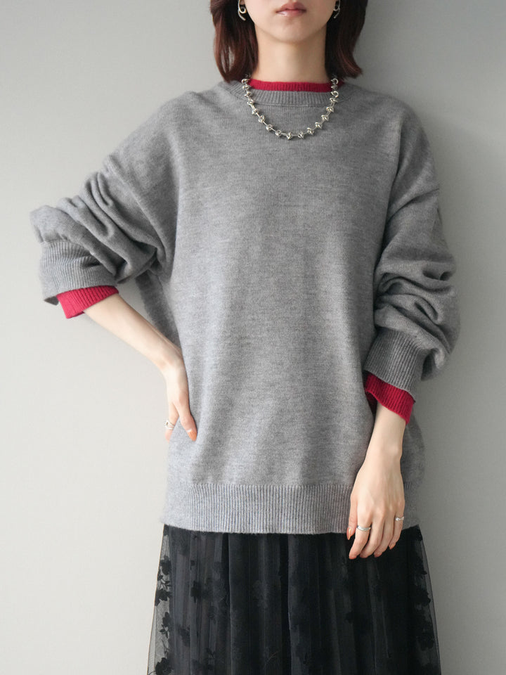 [SET]ヘンリーネック配色レイヤードニットプルオーバー+フラワーフロッキーチュールプリーツスカート(2set)