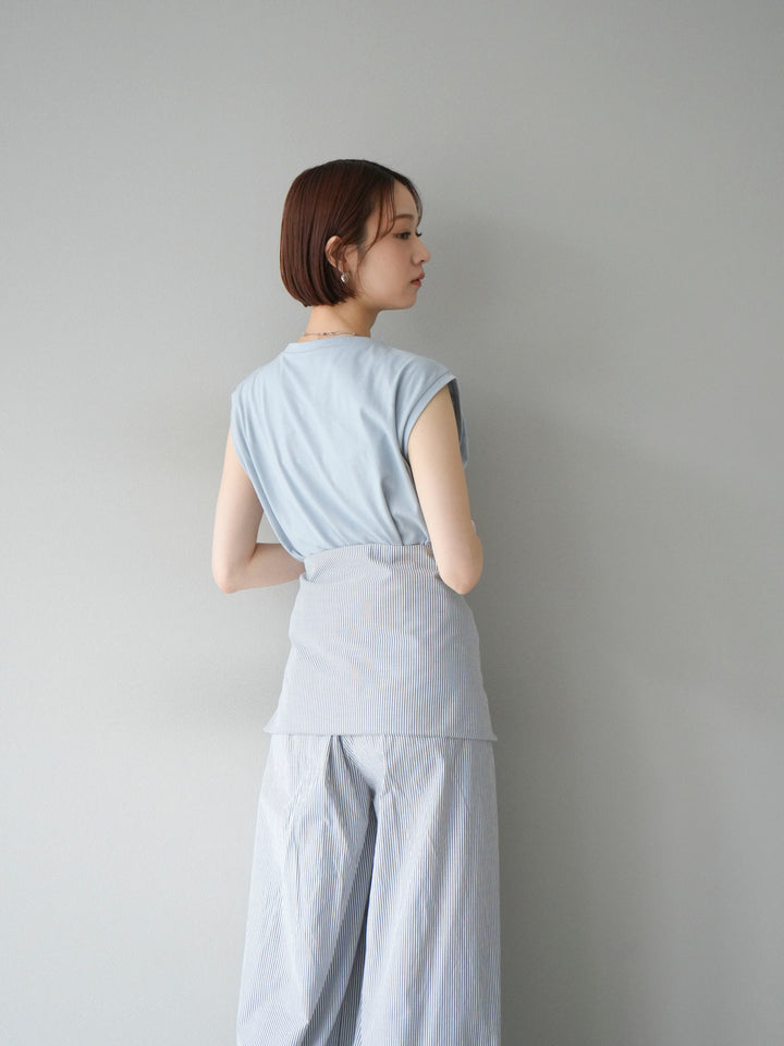 [SET]コード刺繍フレンチスリーブTシャツ+ウエスト巻きストライプイージーパンツ(2set)