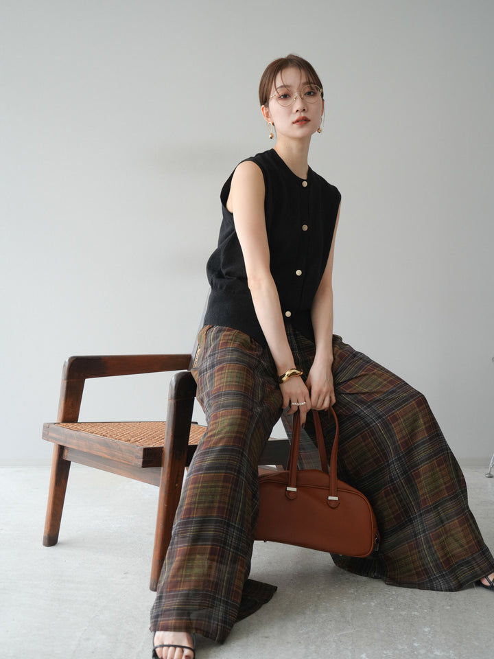 [SET] 金銀絲針織背心 + 透視格紋寬鬆褲 (2 件套)