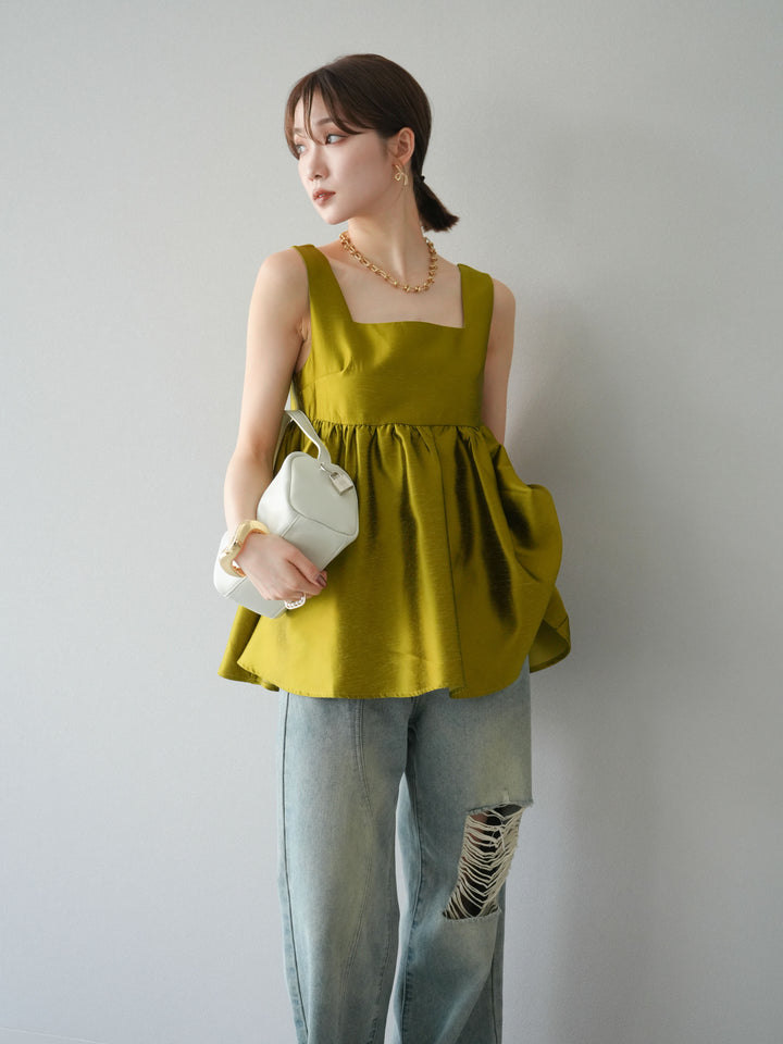 [予約]サテンフレアノースリーブトップス/グリーン