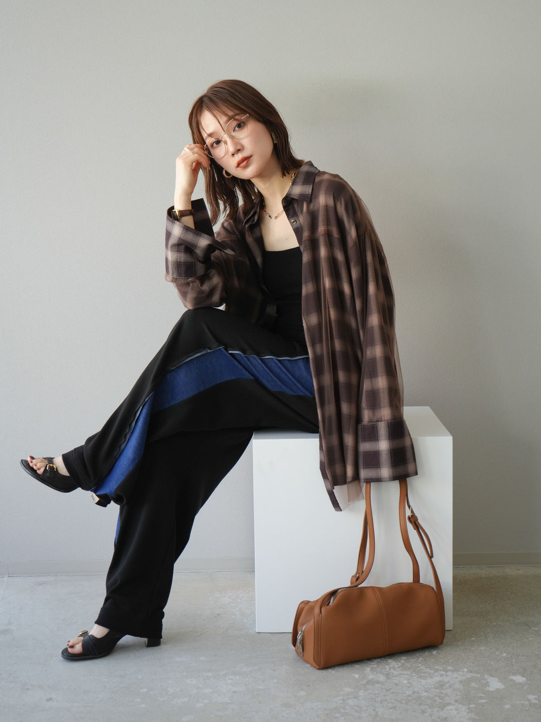 [套裝] 薄紗對接格紋寬鬆襯衫 + 牛仔布 Switch 2-Way 設計運動褲 (2 套)