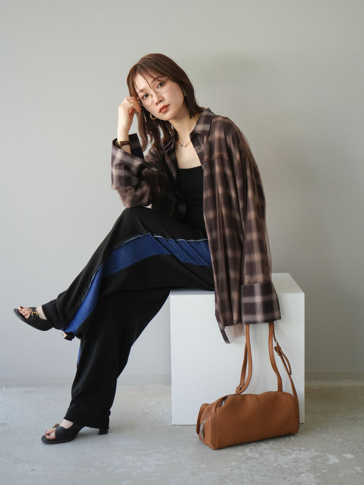 [套裝] 薄紗對接格紋寬鬆襯衫 + 牛仔布 Switch 2-Way 設計運動褲 (2 套)