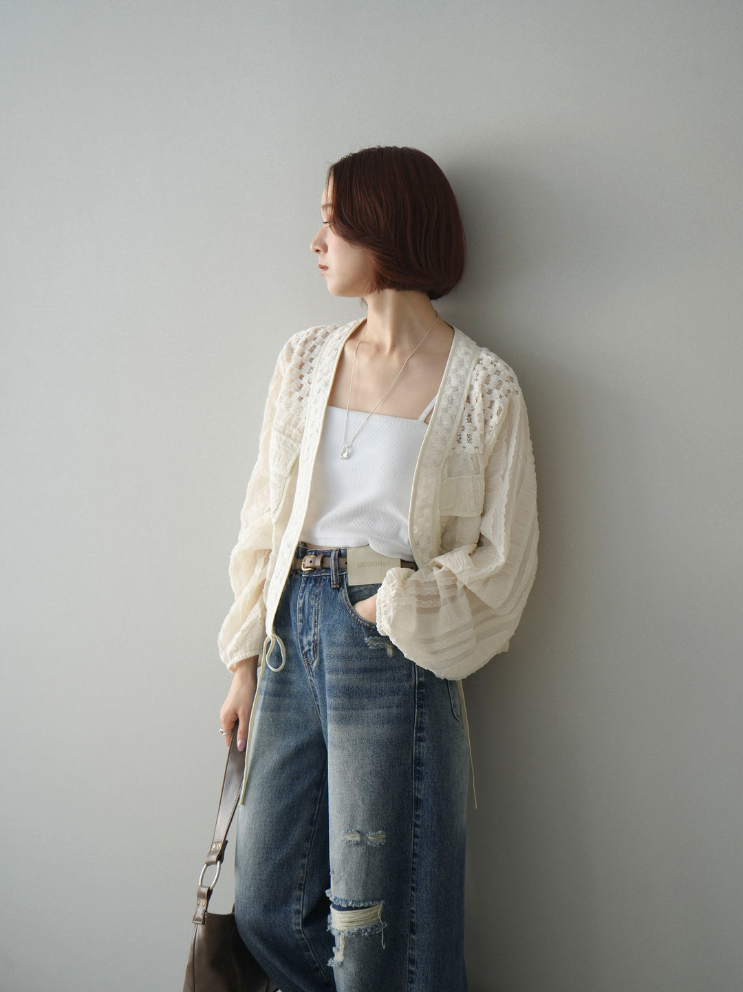 [SET]パッチワークシアーフリルブルゾン+カップ付テレコリブベアキャミソール+ダメージデニムセミワイドパンツ(3set)