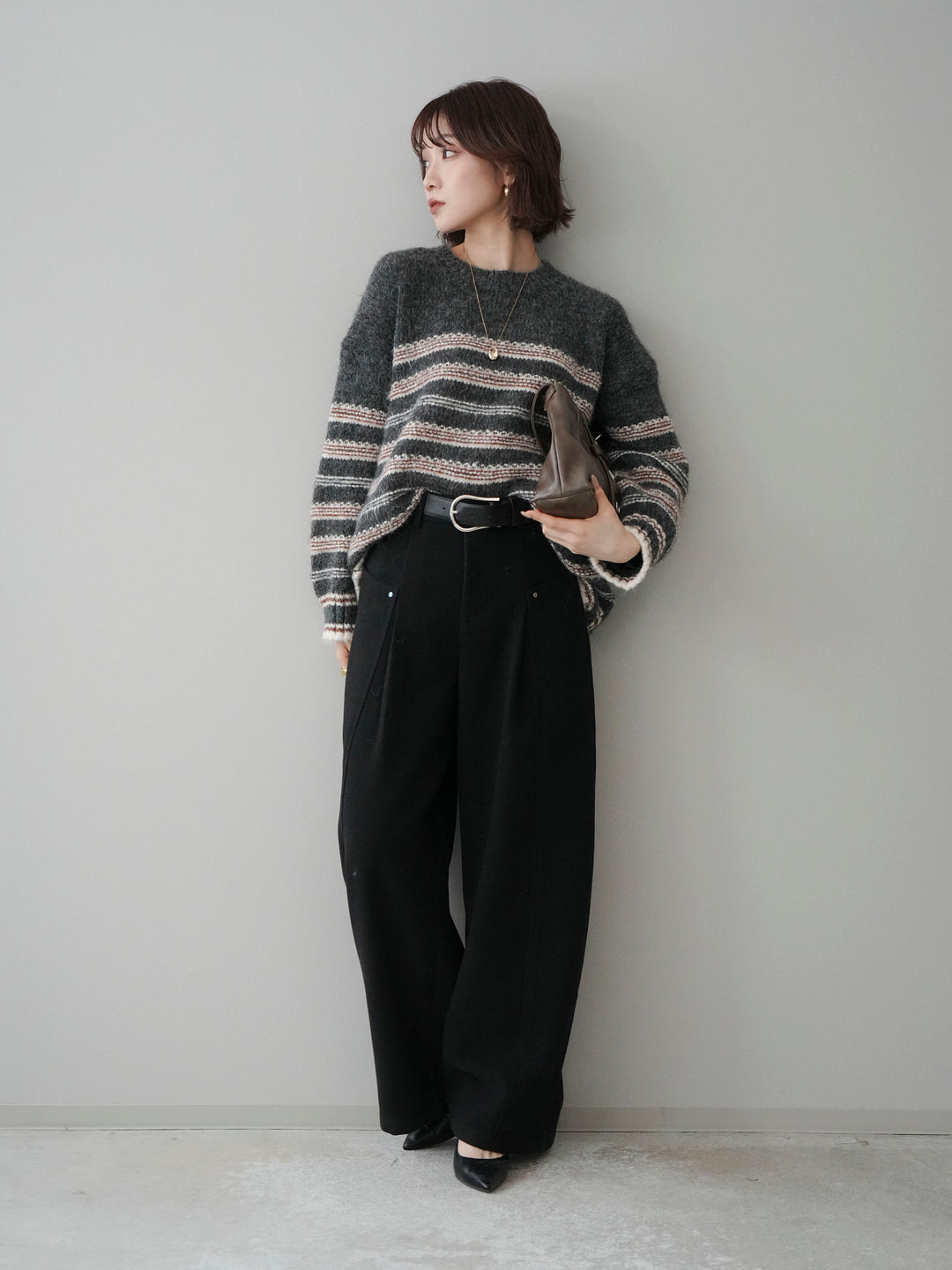 [予約]ステッチボーダーニットプルオーバー/gray