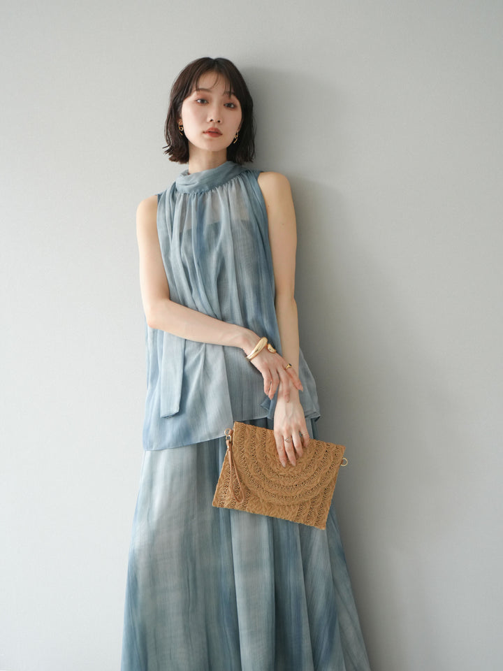 [SET]ニュアンスシアーホルターネックブラウス+ニュアンスシアーフレアスカート(2set)