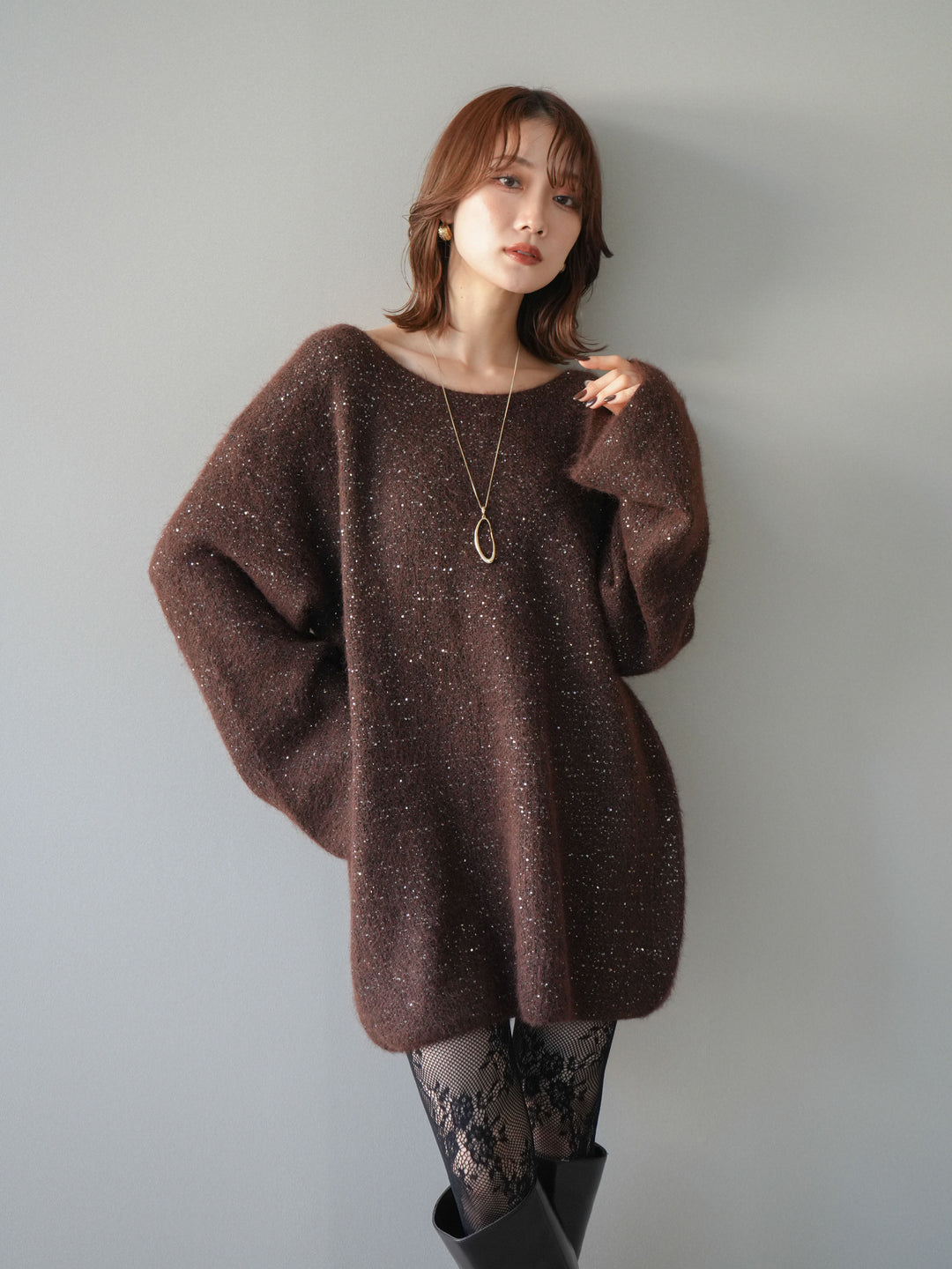 [予約]スパンコールミニシャギーニットチュニック/brown