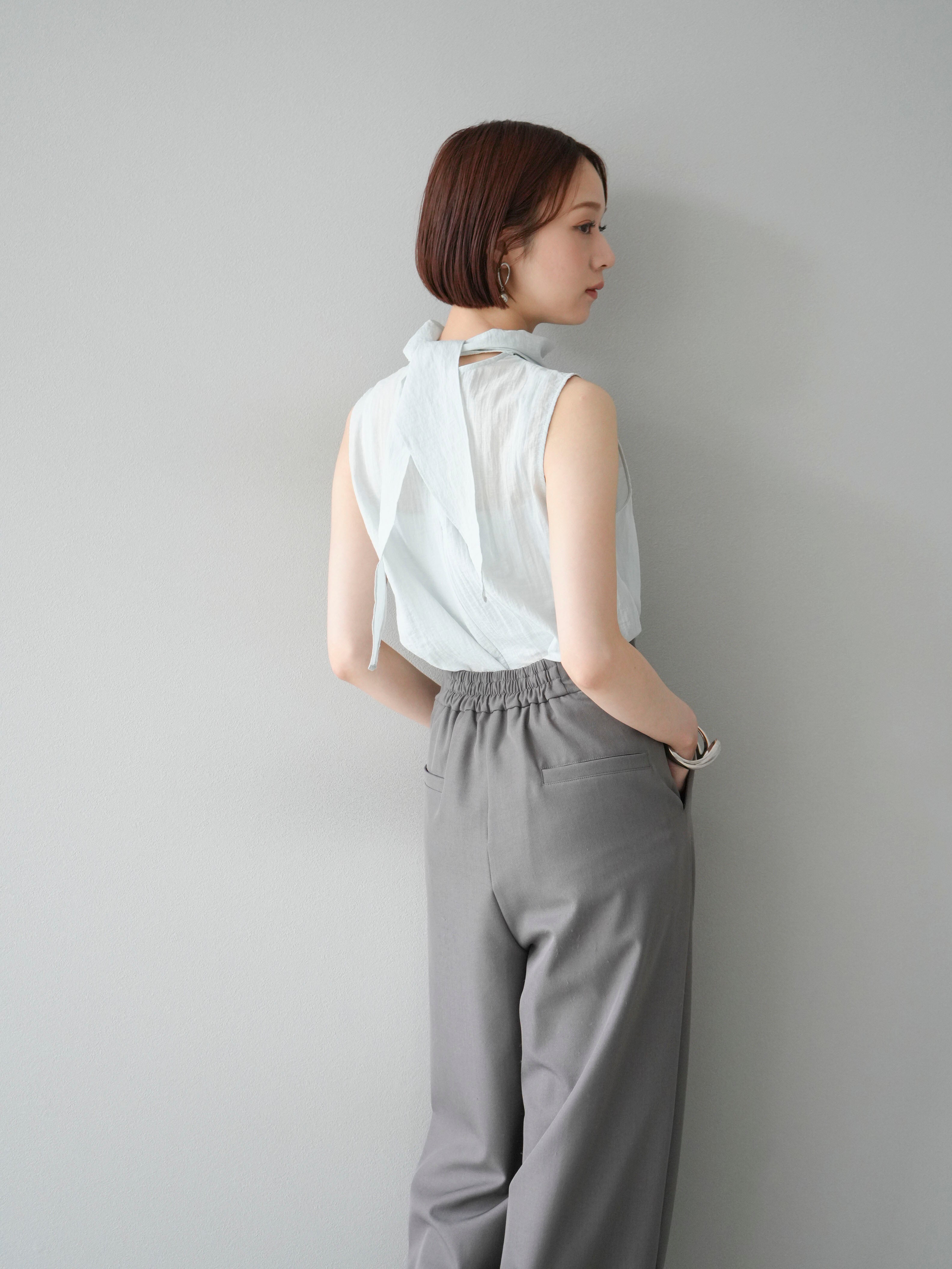SET]バックタイノースリーブブラウス+ジップタックワイドパンツ(2set