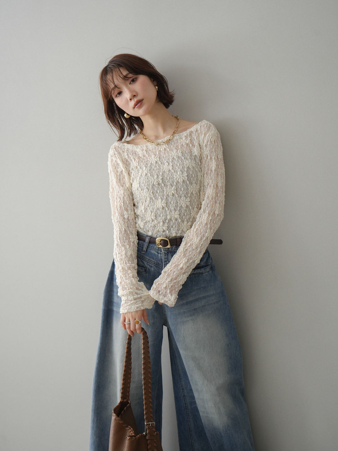 [SET]サイドギャザーレーストップス+フロントポケットサイドタックワイドデニム(2set)