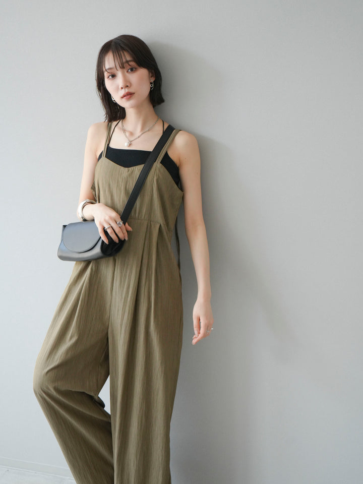 [SET]リネンライクビスチェデザインサロペット+ダブルストラップカットリブブラキャミソール(2set)