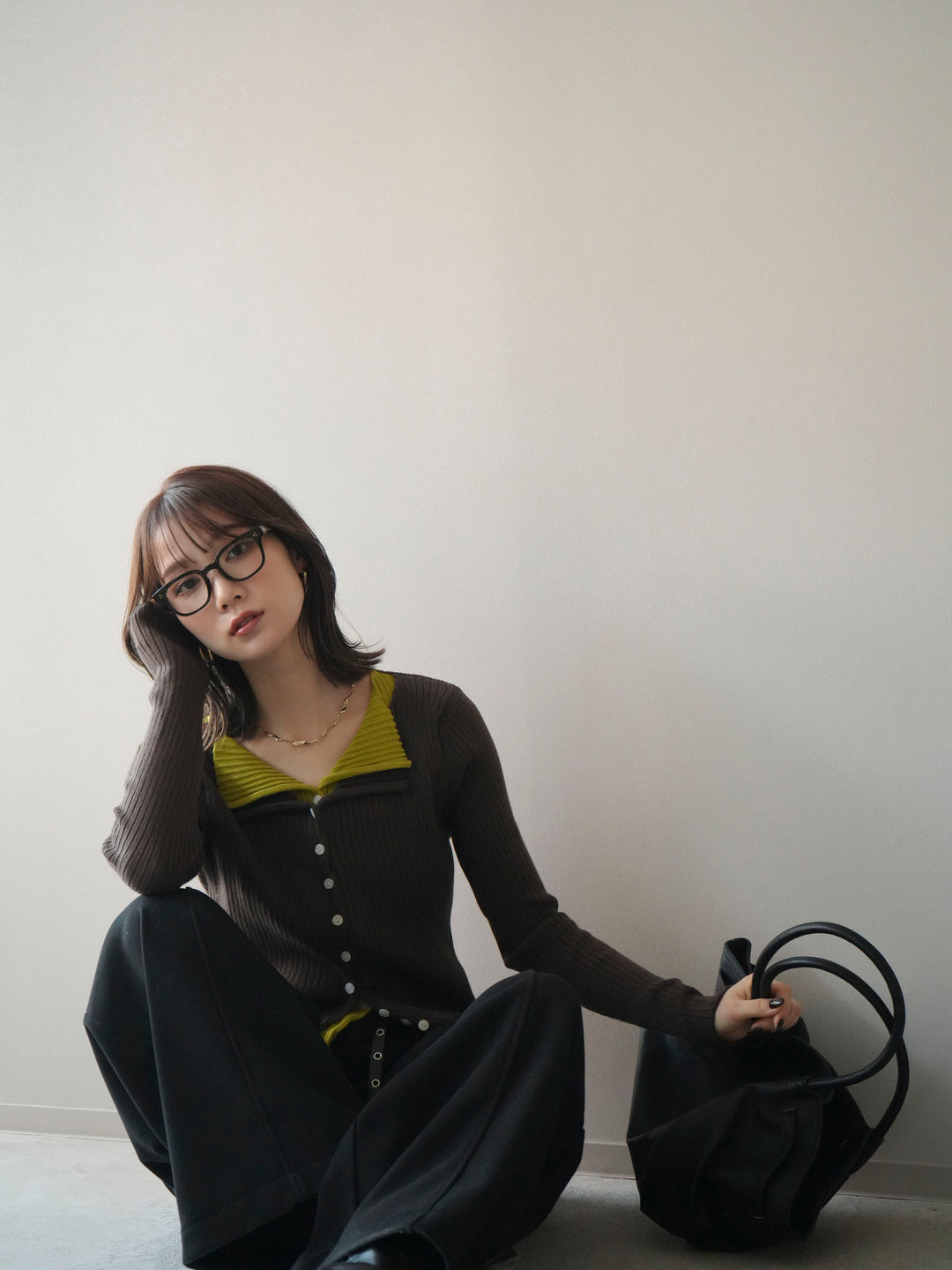 [予約]配色レイヤードリブニットカーディガン/brown