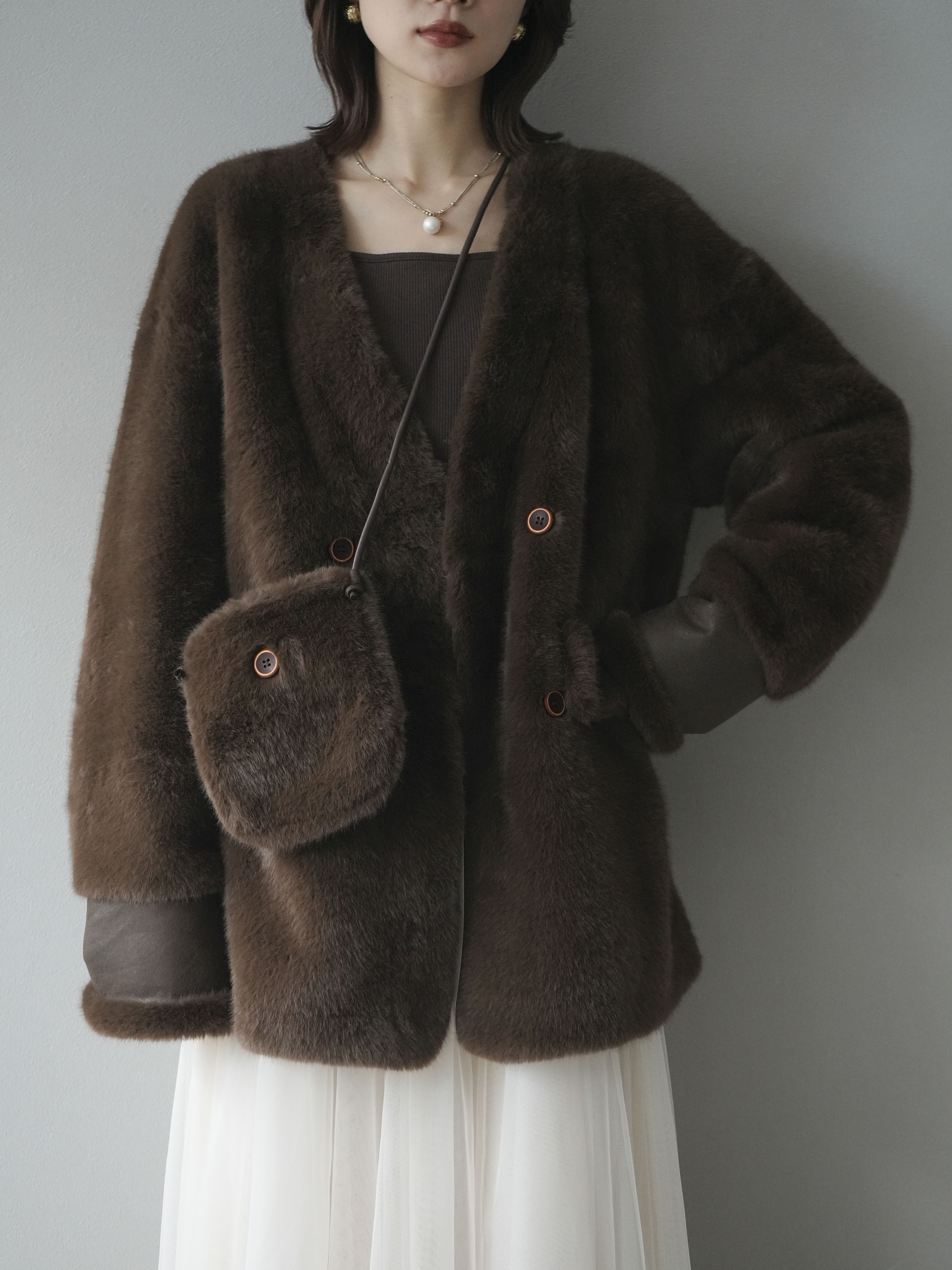 SET]バッグ付エコファーノーカラーコート+チュールボリュームスカート