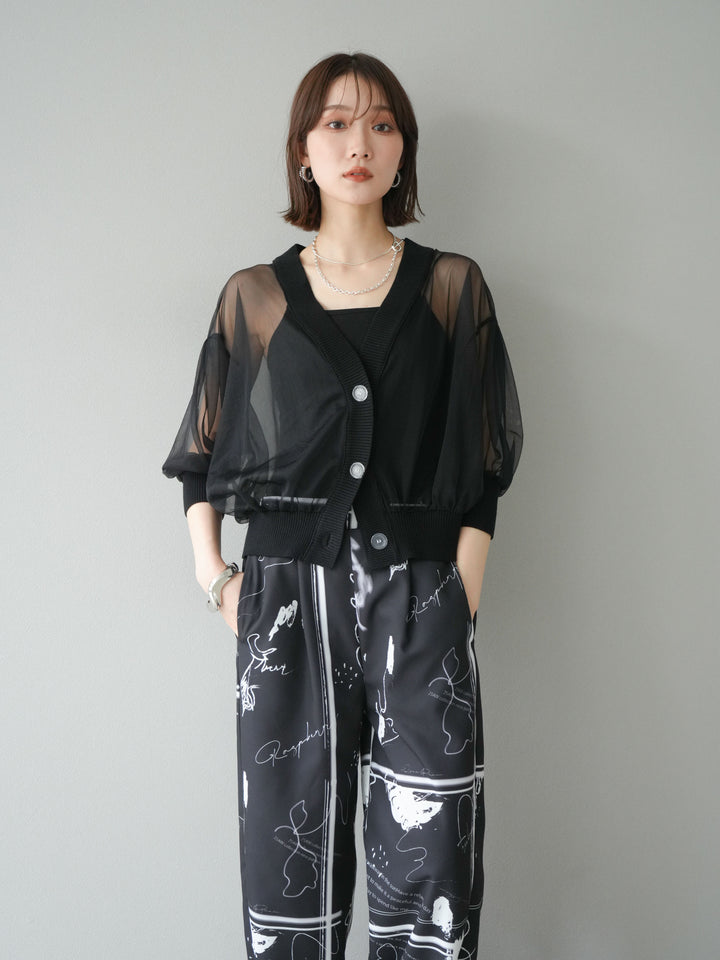 [SET] 透視半袖褶皺開襟衫 + 彩繪圖案褶襉褲 (2set)