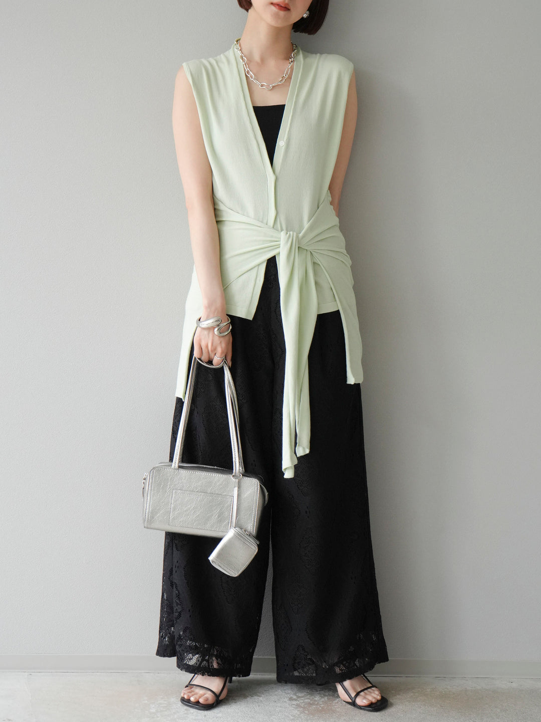 【預購】無袖圍腰針織開襟衫/綠色