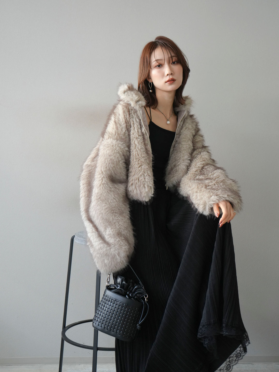 [予約]フェイクファーショートZIPジャケット/beigemix