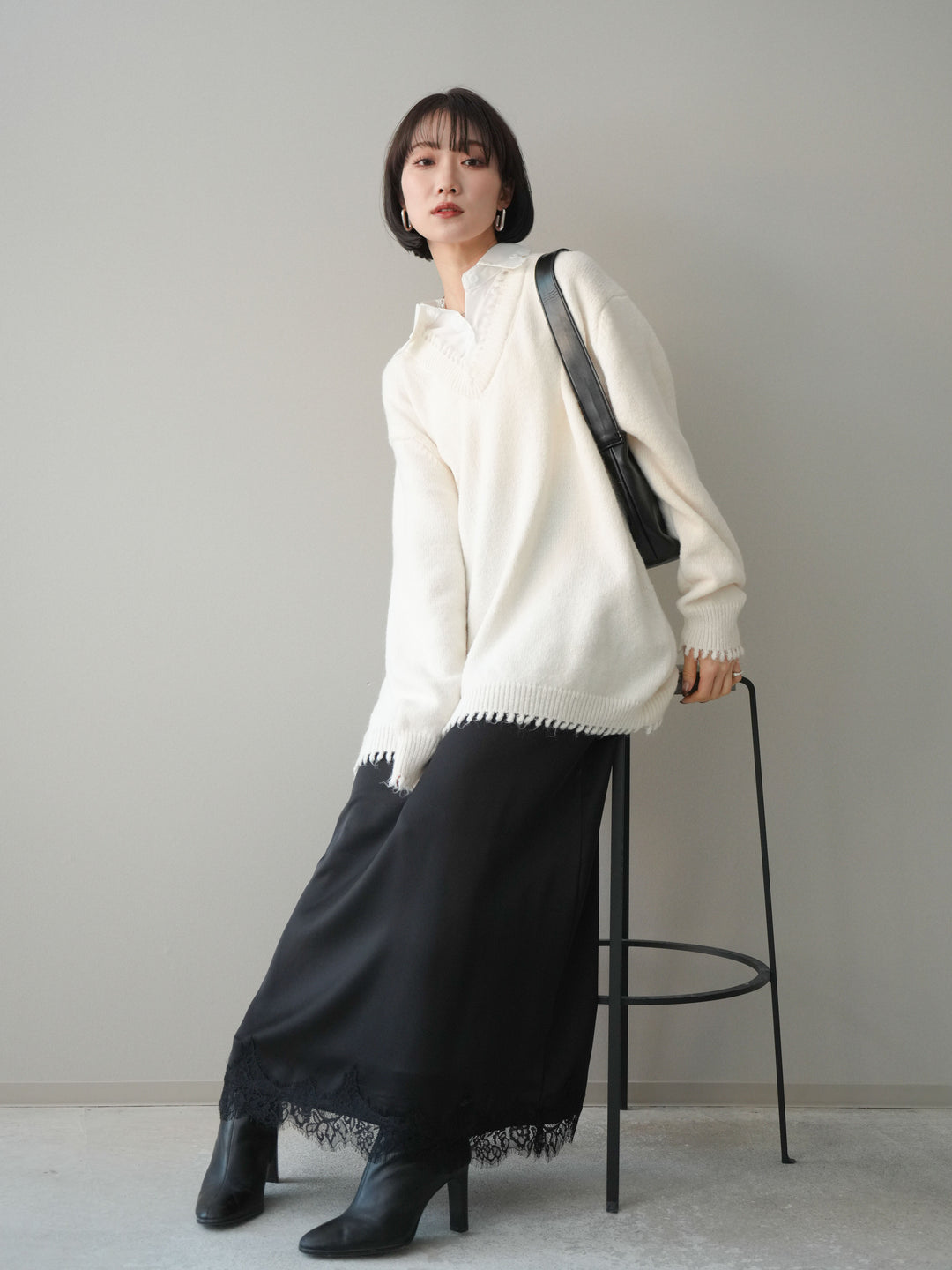 [SET]シャツドッキングVネックフリンジニットプルオーバー+選べるアクセセット(2set)