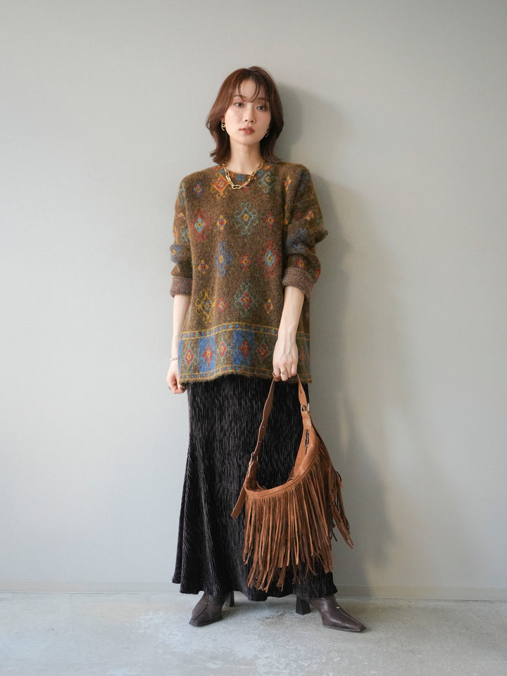 [予約]ヴィンテージ柄オーバーニットプルオーバー/ブラウン