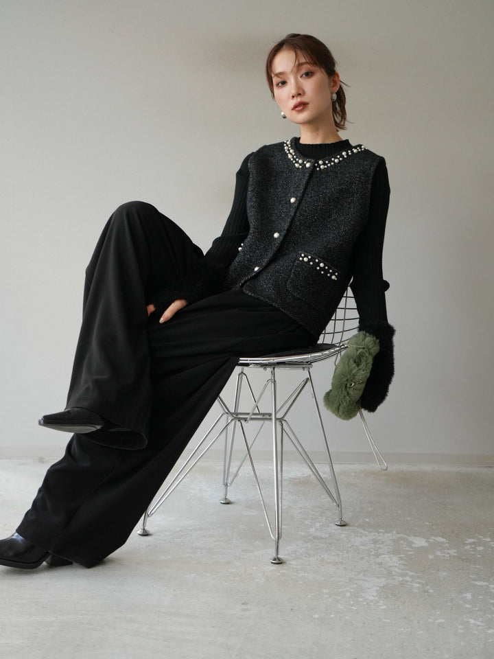 [予約]パールデザインツイードライクニットベスト/ブラック