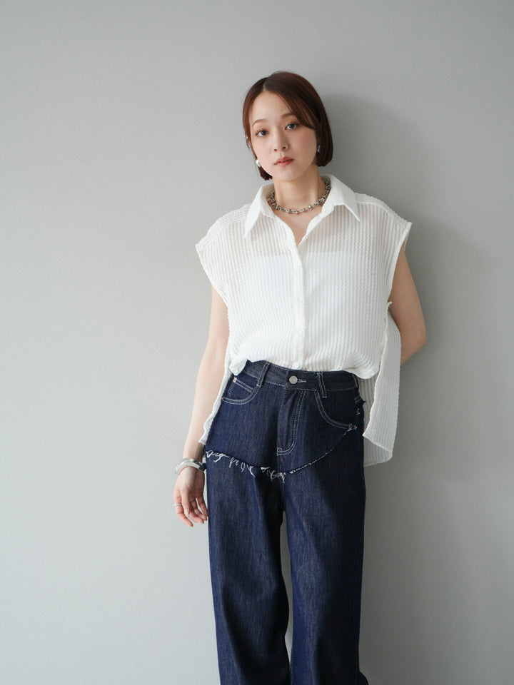 [SET] 透視格紋無袖襯衫 + 臀部設計牛仔褲（2 套）