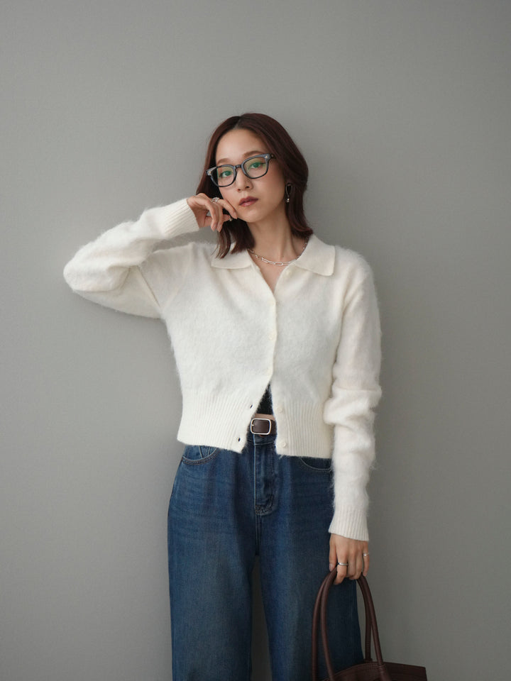 [SET]モヘア衿付きボタンプルオーバー+裏起毛裾フリンジワイドデニムパンツ(2set)