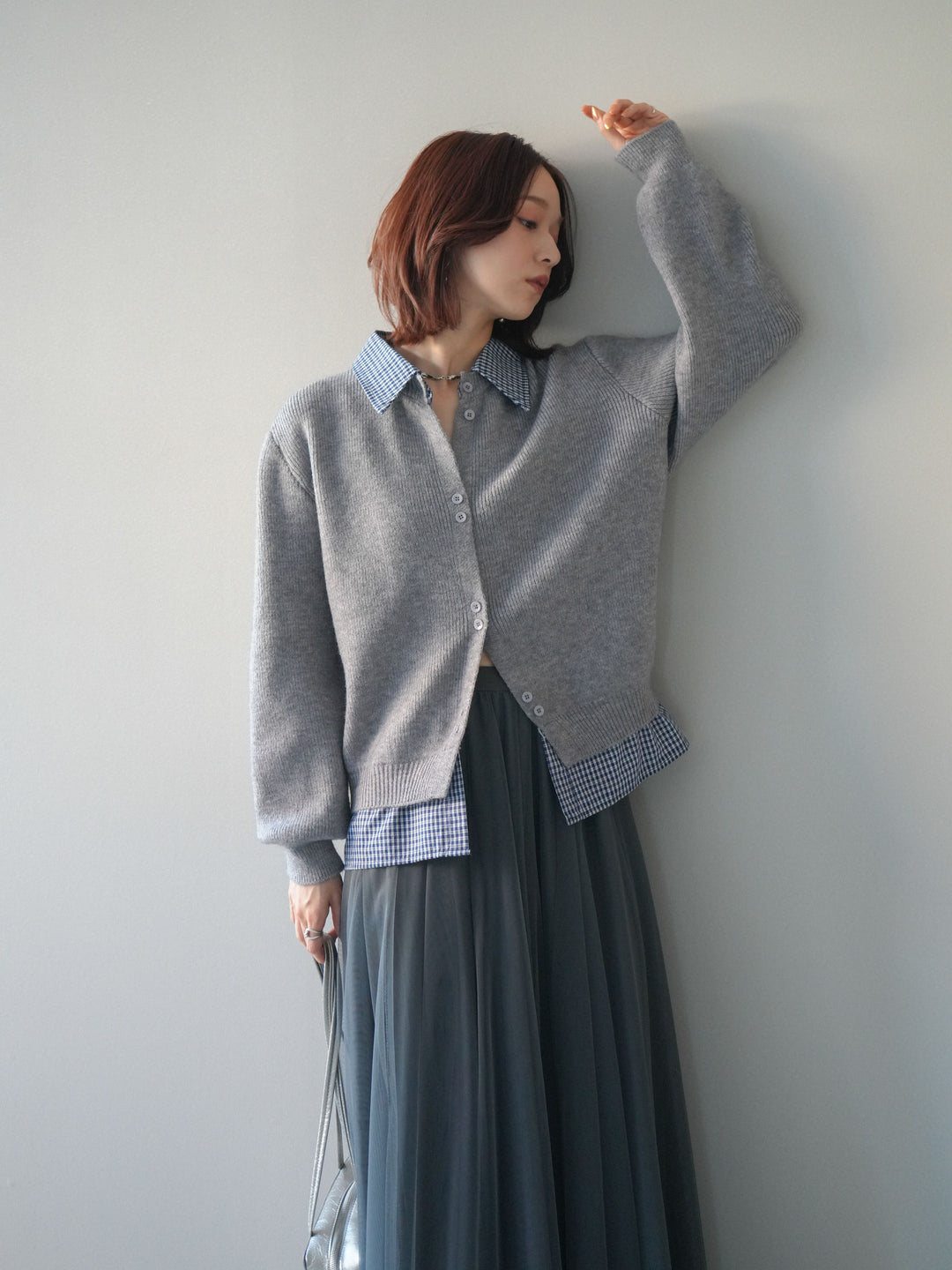 [SET]チェックシャツ襟ニットカーディガン+チュールボリュームスカート(2set)