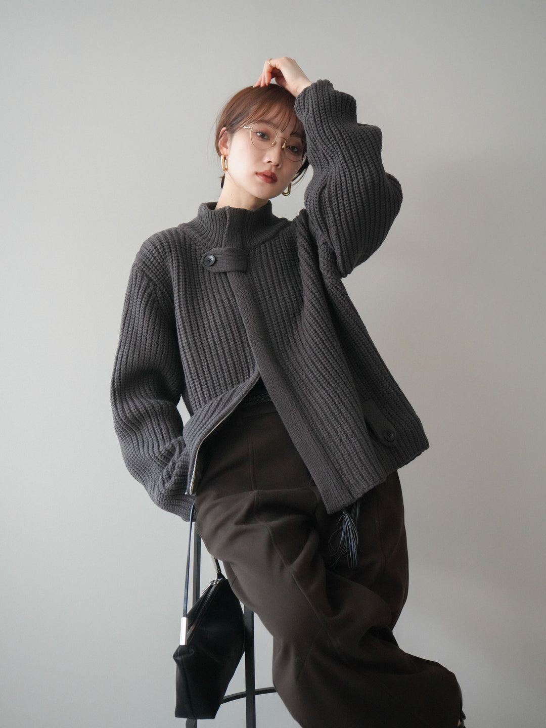 [SET]畦編みボトルネックZIPニットカーディガン+畦編みボトルネックZIPニットカーディガン(2set)