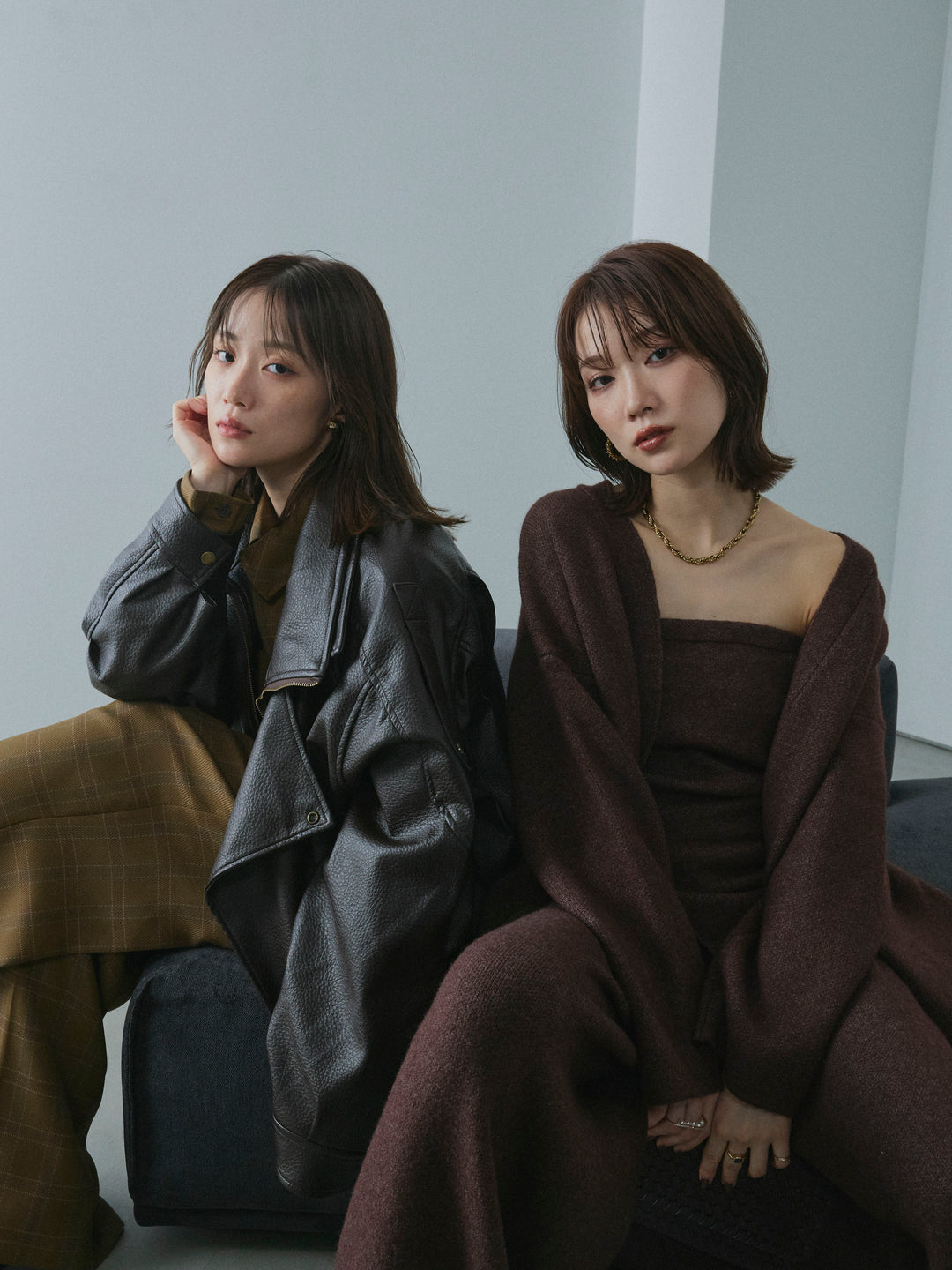 【Allure】[SET]スタンドカラーレザーブルゾン+杢チェックタックパンツ(2set)